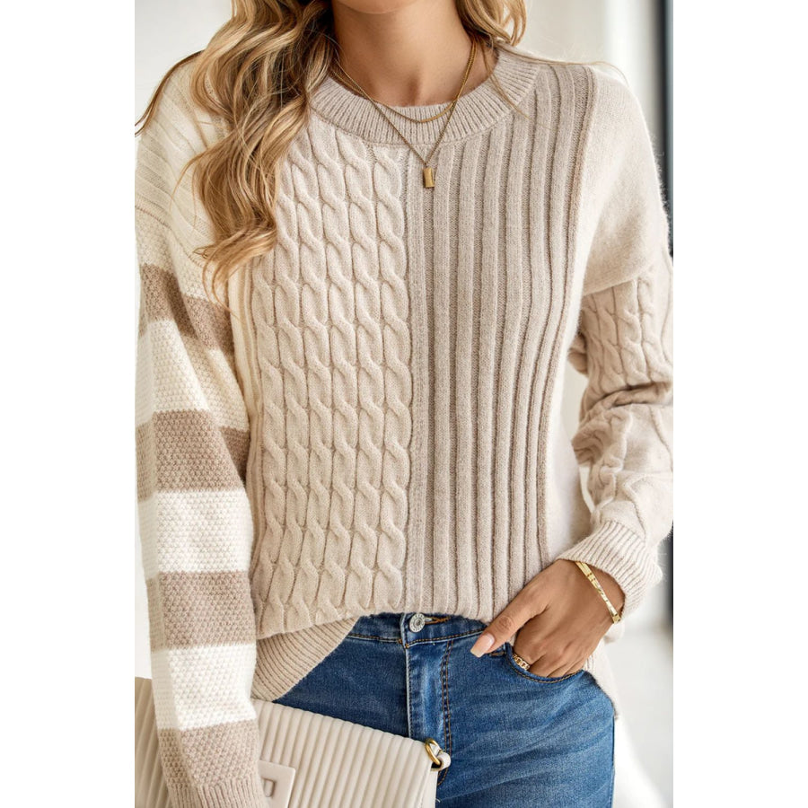 Cable-Knit Color Block Round Neck Sweater Apparel and Accessories