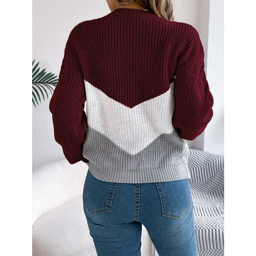 Cable-Knit Color Block Round Neck Sweater Apparel and Accessories