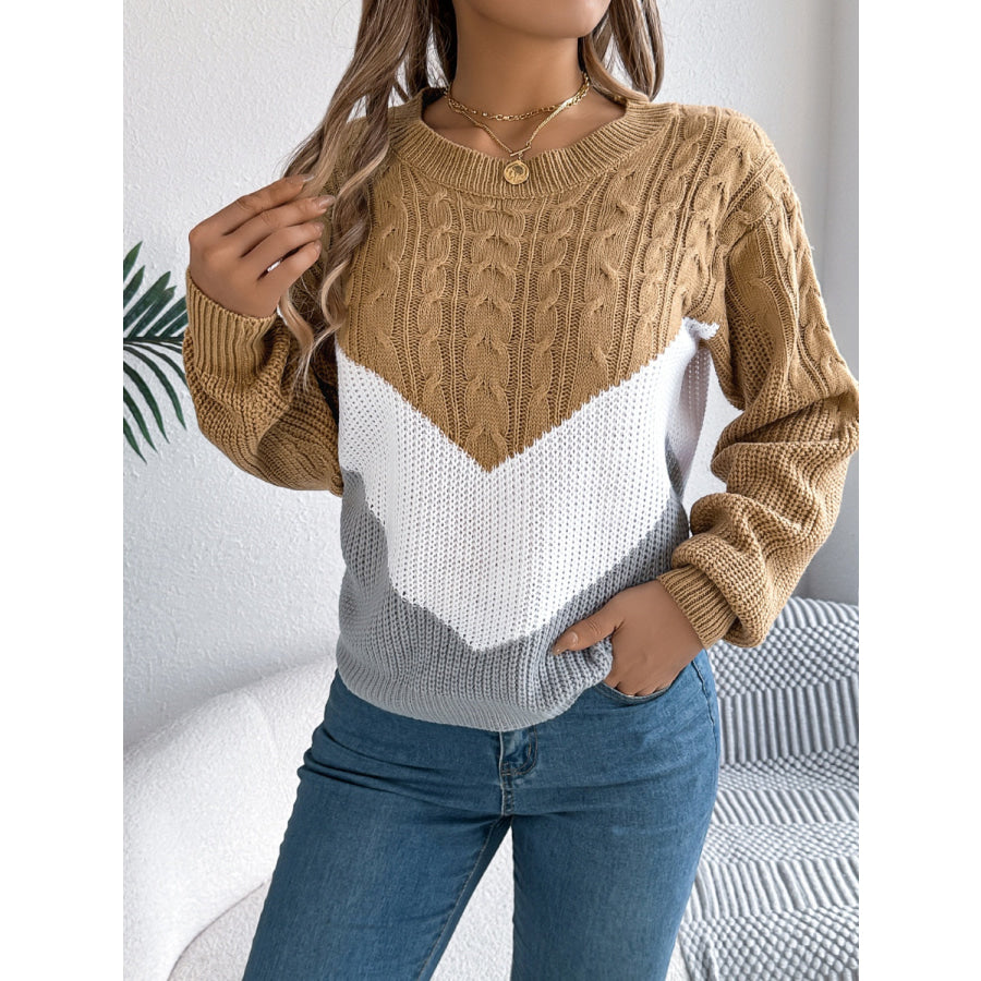 Cable-Knit Color Block Round Neck Sweater Apparel and Accessories