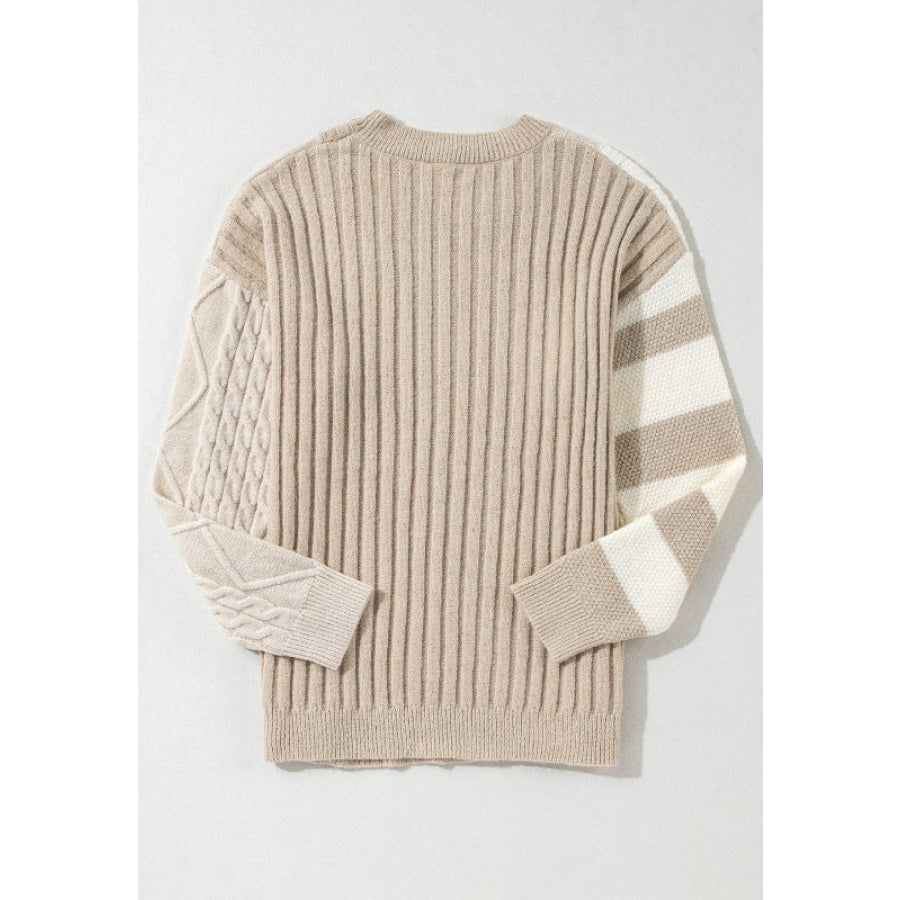 Cable-Knit Color Block Round Neck Sweater Apparel and Accessories