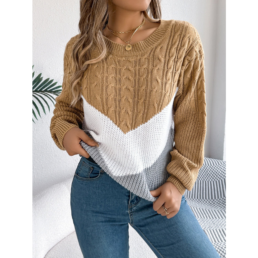 Cable-Knit Color Block Round Neck Sweater Apparel and Accessories