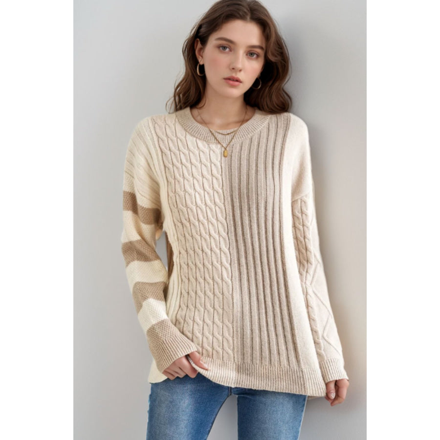 Cable-Knit Color Block Round Neck Sweater Apparel and Accessories