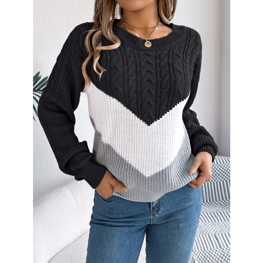 Cable-Knit Color Block Round Neck Sweater Apparel and Accessories
