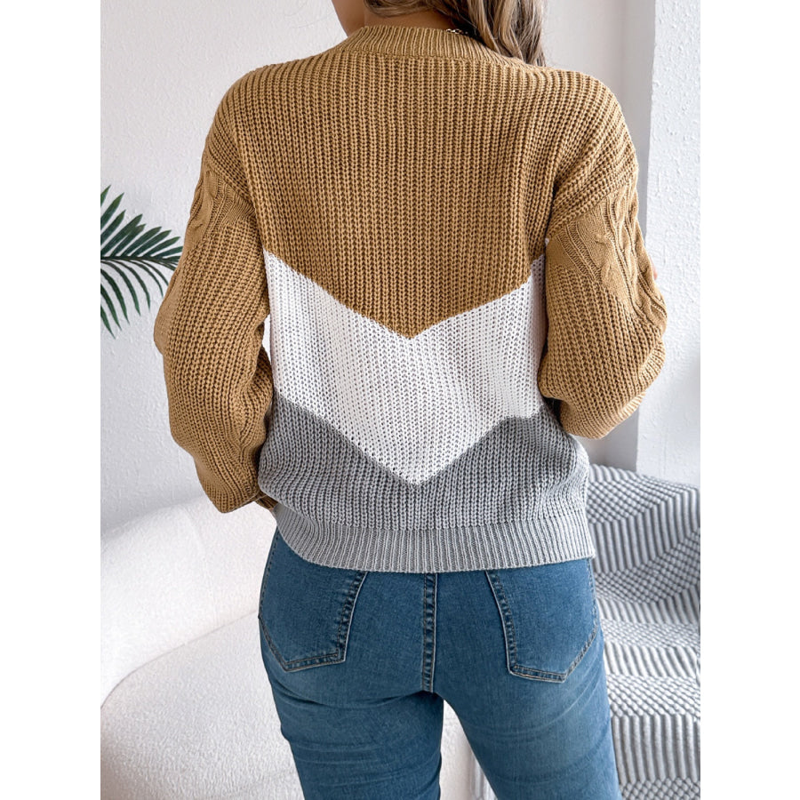 Cable-Knit Color Block Round Neck Sweater Camel / S Apparel and Accessories