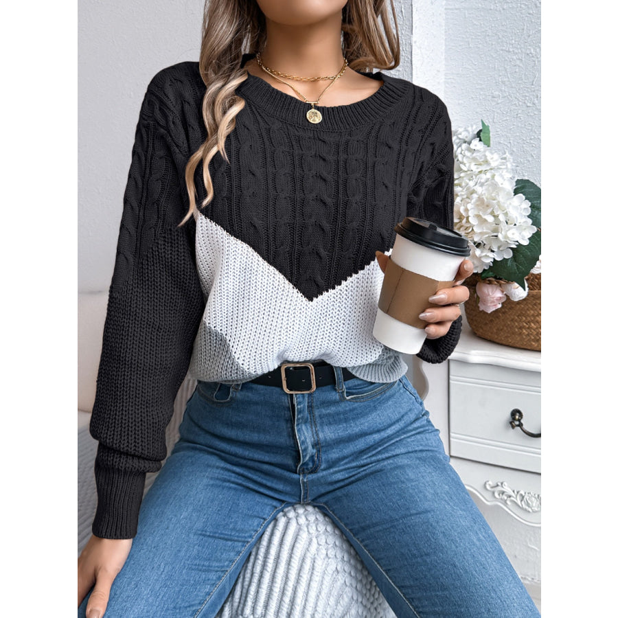 Cable-Knit Color Block Round Neck Sweater Black / S Apparel and Accessories