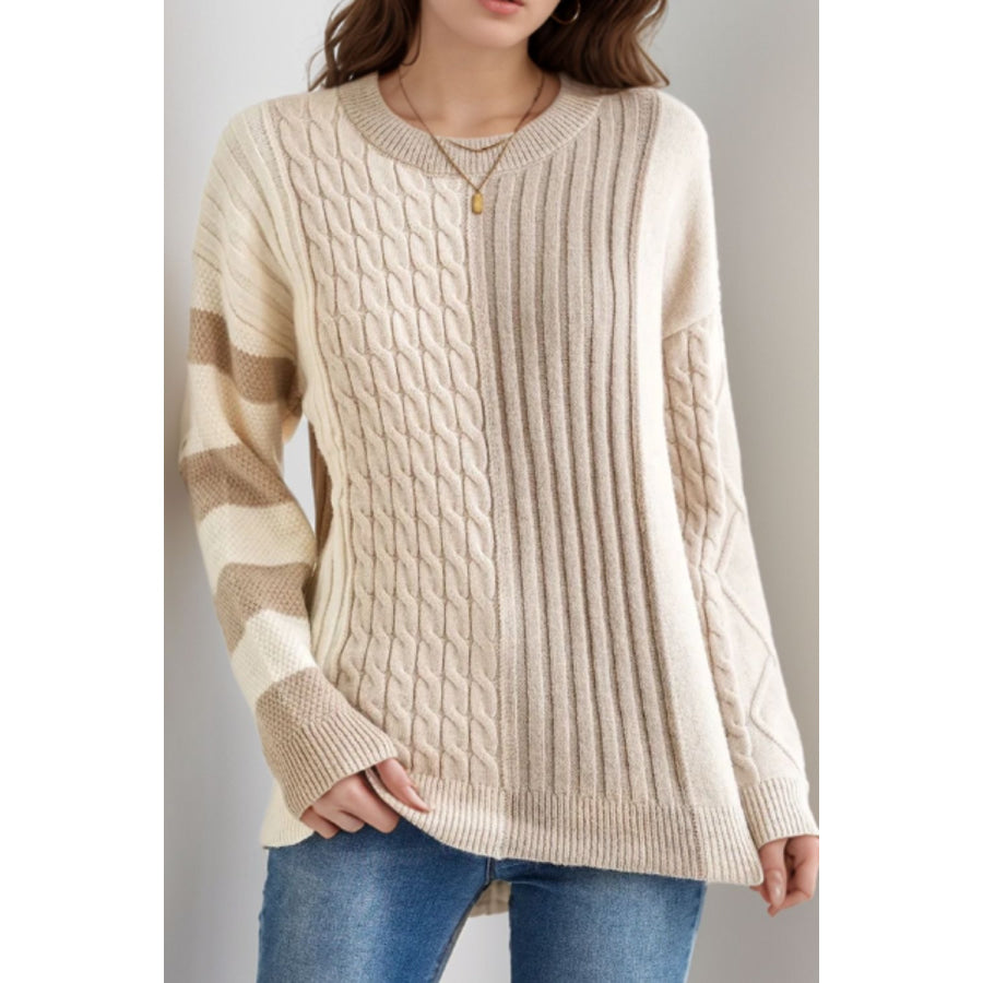 Cable-Knit Color Block Round Neck Sweater Tan / S Apparel and Accessories