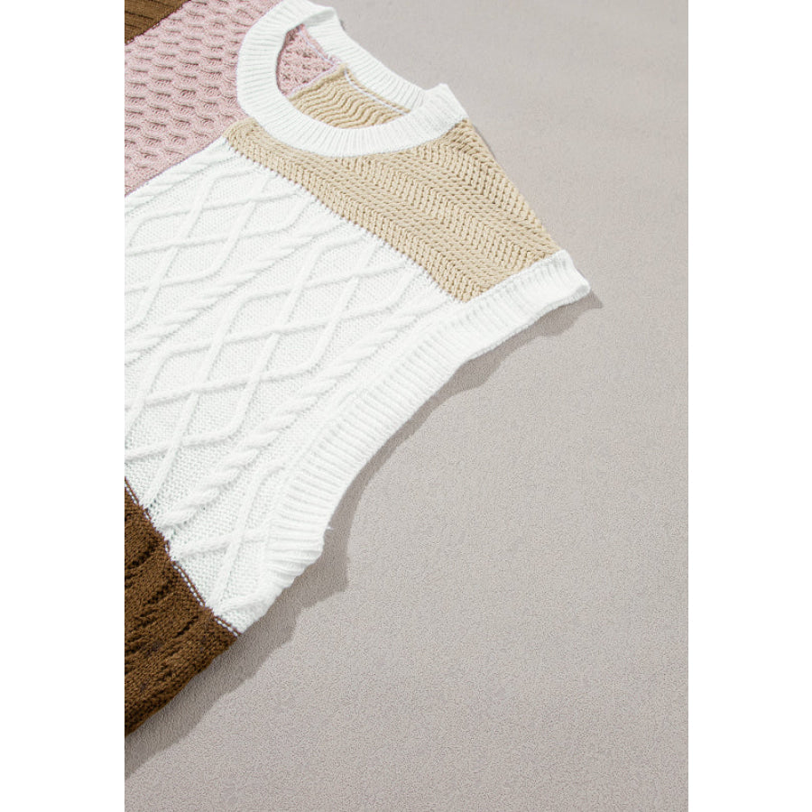 Cable-Knit Color Block Round Neck Sweater Vest Apparel and Accessories