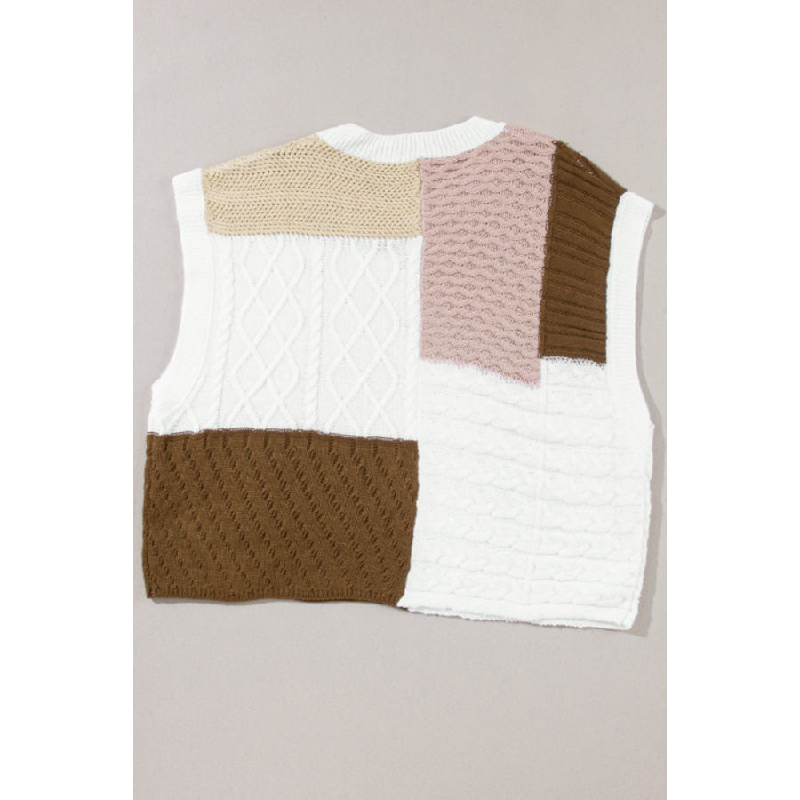 Cable-Knit Color Block Round Neck Sweater Vest Apparel and Accessories