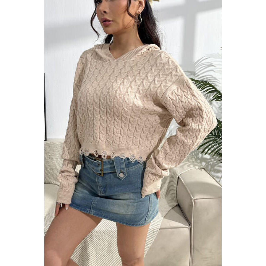 Cable-Knit Dropped Shoulder Hooded Sweater Clothing