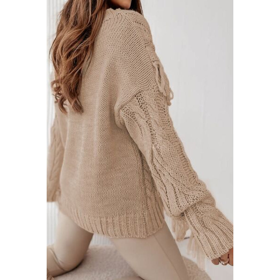 Cable-Knit Fringe Round Neck Sweater Clothing