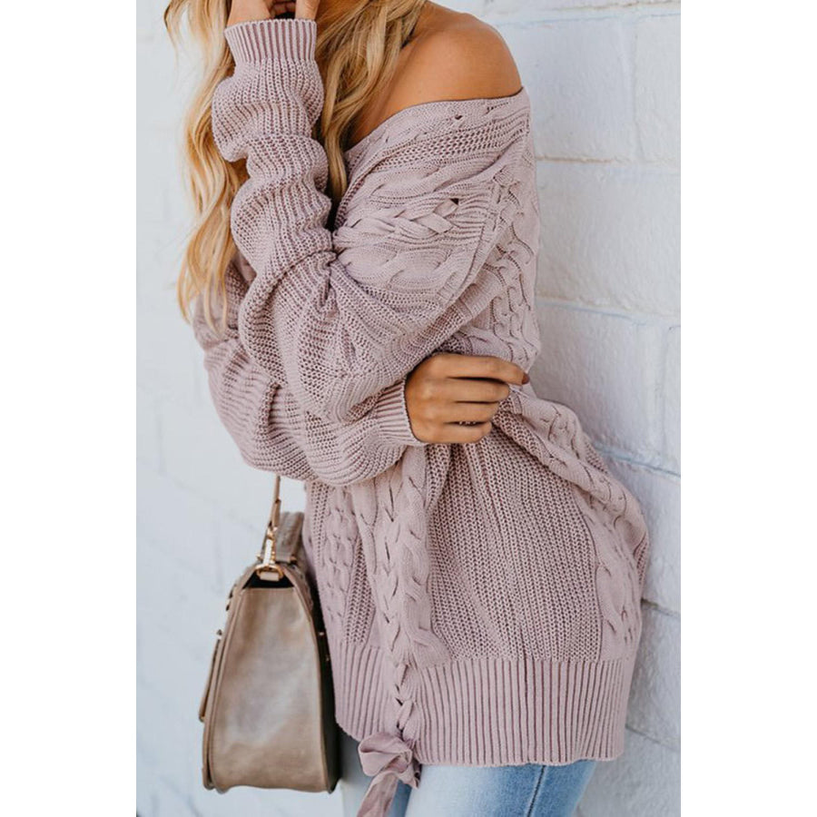 Cable Knit Lace Up V-Neck Sweater Apparel and Accessories