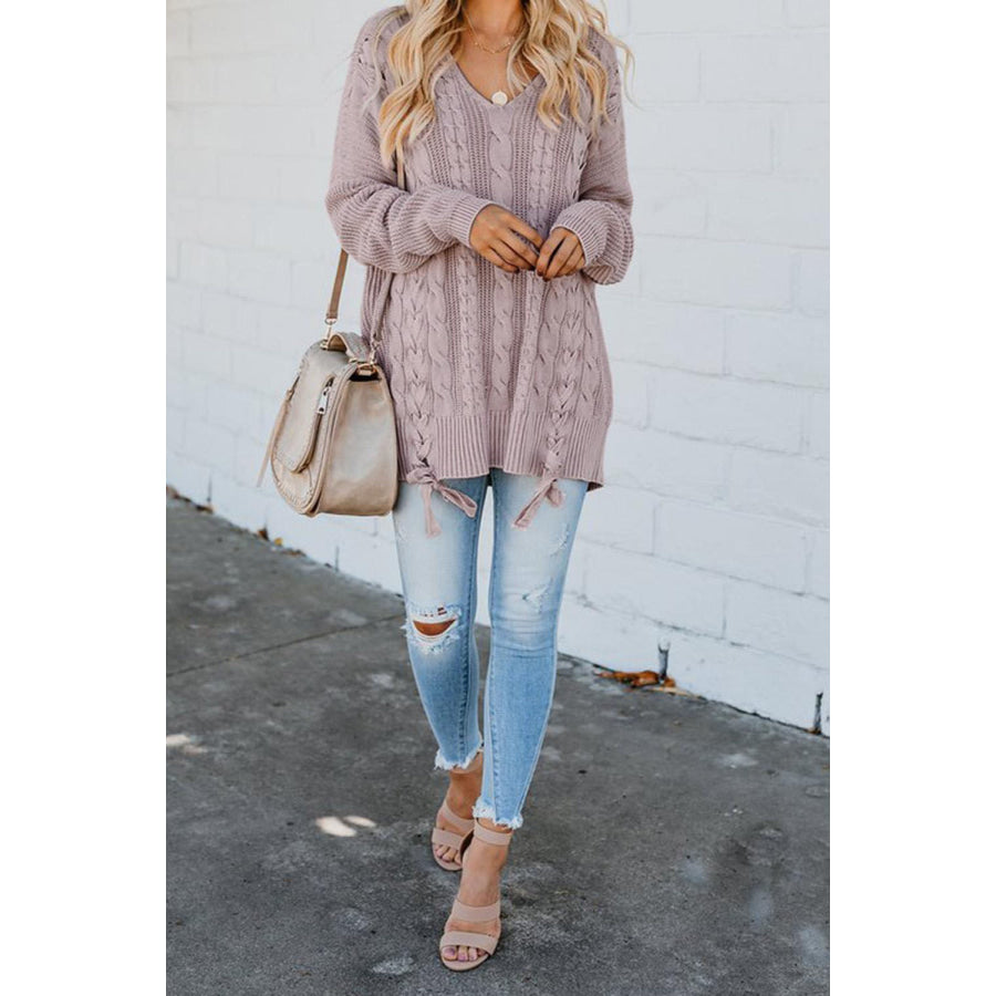 Cable Knit Lace Up V-Neck Sweater Apparel and Accessories