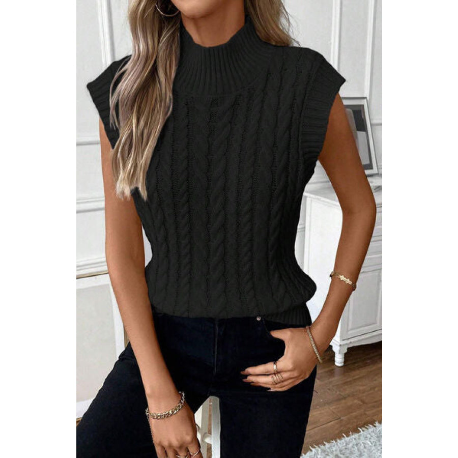 Cable-Knit Mock Neck Sweater Vest Black / S Apparel and Accessories