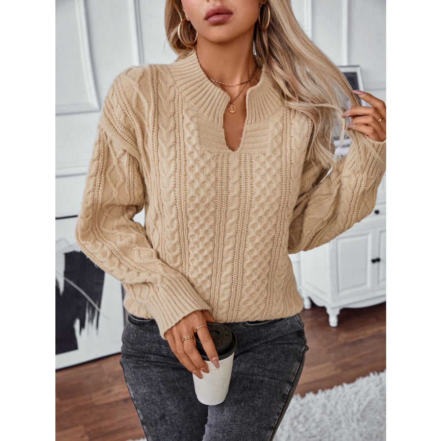 Cable-Knit Notched Long Sleeve Sweater Apparel and Accessories