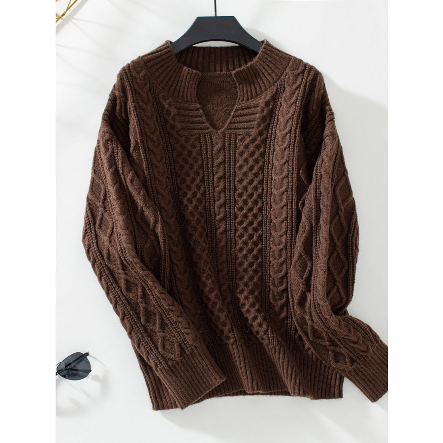 Cable-Knit Notched Long Sleeve Sweater Chocolate / S Apparel and Accessories