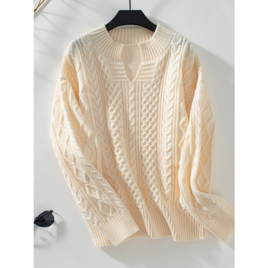 Cable-Knit Notched Long Sleeve Sweater Tan / S Apparel and Accessories
