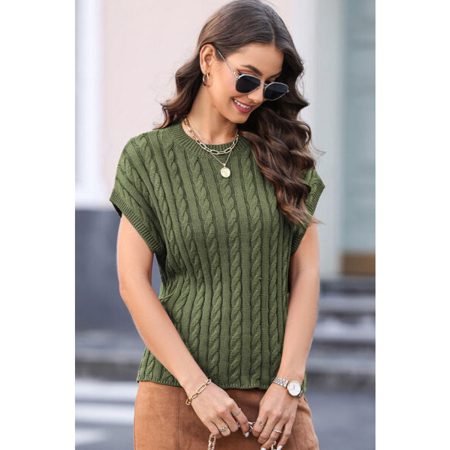 Cable-Knit Round Neck Cap Sleeve Sweater Apparel and Accessories