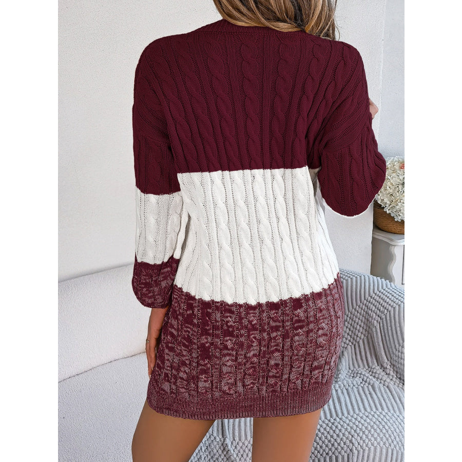 Cable-Knit Round Neck Color Block Sweater Dress Apparel and Accessories