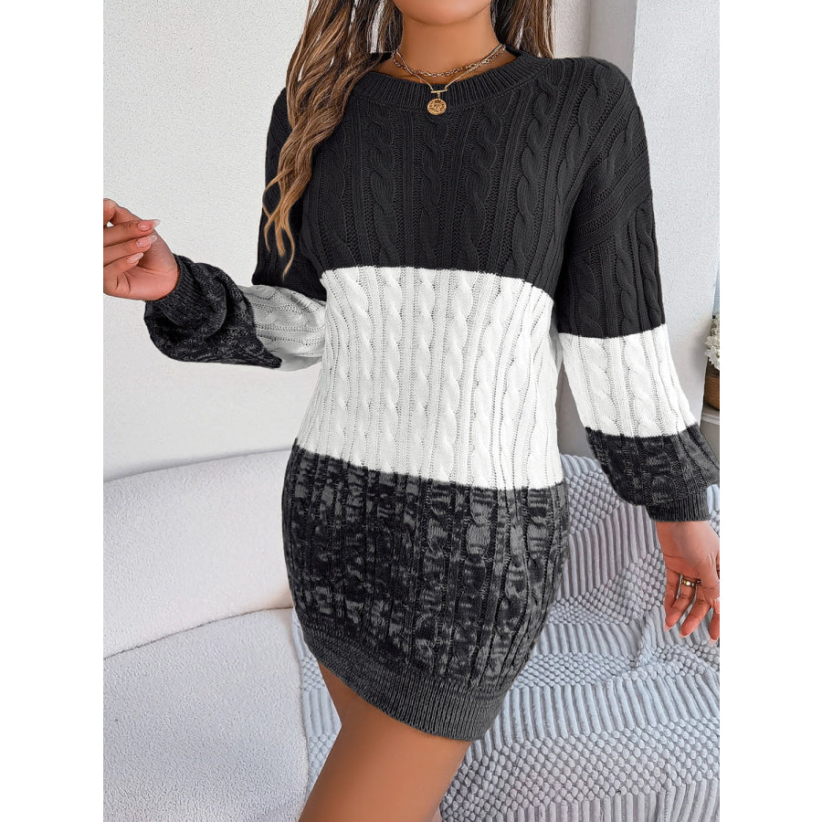 Cable-Knit Round Neck Color Block Sweater Dress Apparel and Accessories