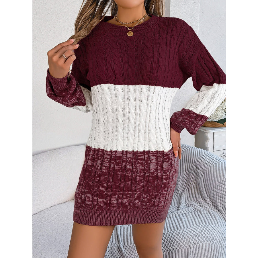Cable-Knit Round Neck Color Block Sweater Dress Apparel and Accessories