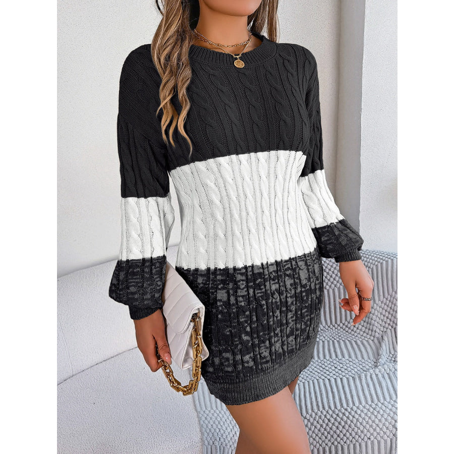 Cable-Knit Round Neck Color Block Sweater Dress Apparel and Accessories