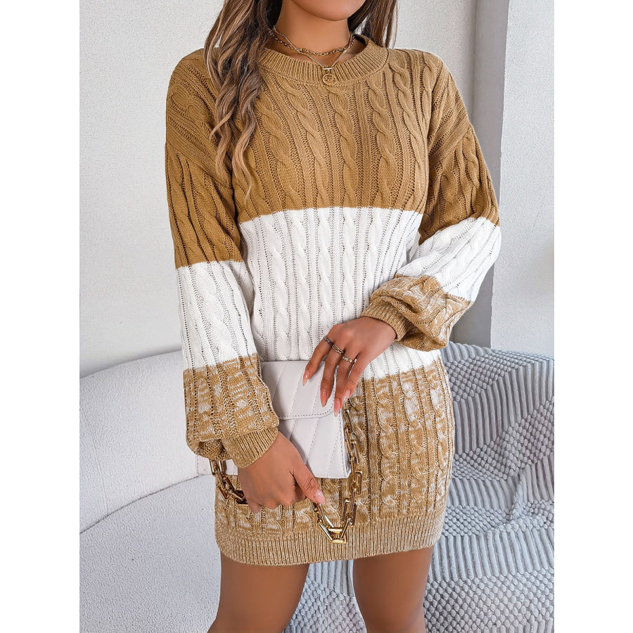 Cable-Knit Round Neck Color Block Sweater Dress Apparel and Accessories