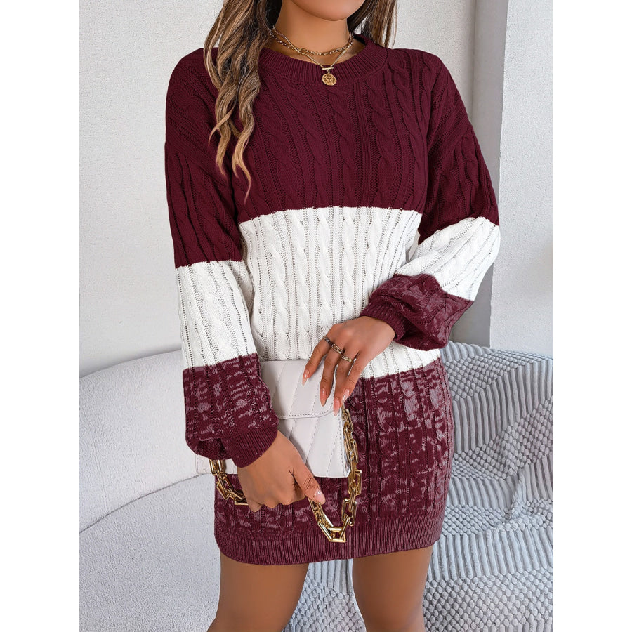 Cable-Knit Round Neck Color Block Sweater Dress Apparel and Accessories