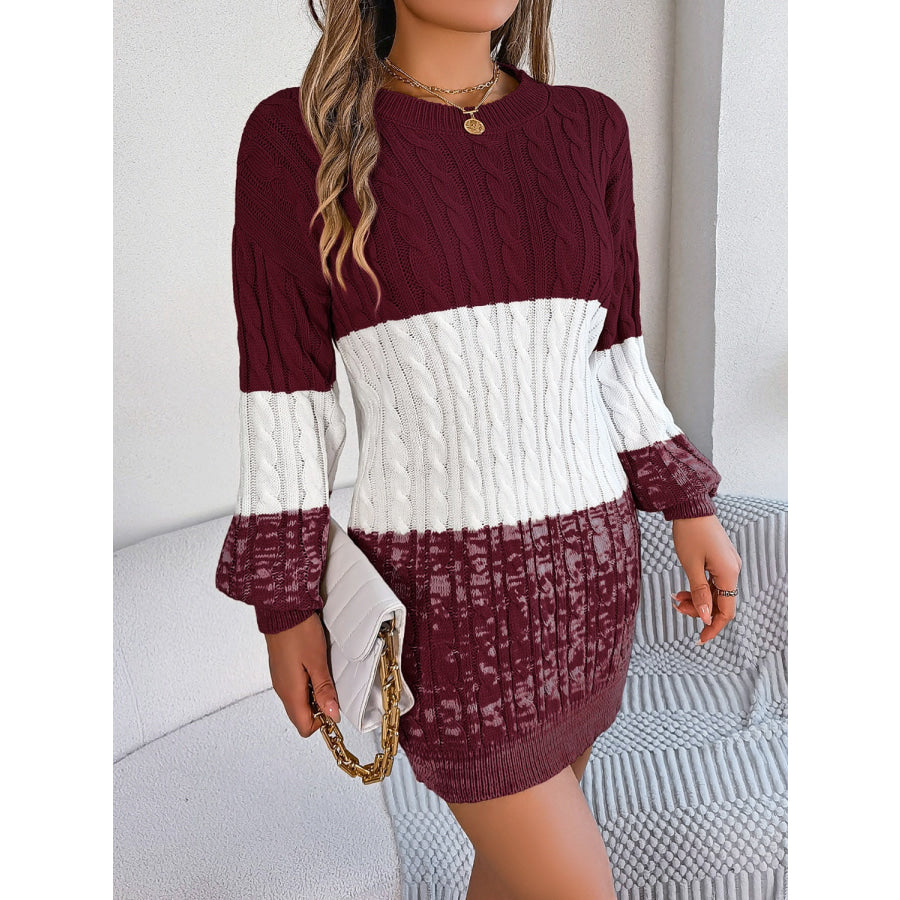Cable-Knit Round Neck Color Block Sweater Dress Apparel and Accessories