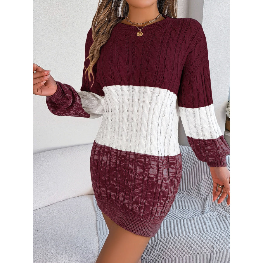 Cable-Knit Round Neck Color Block Sweater Dress Apparel and Accessories