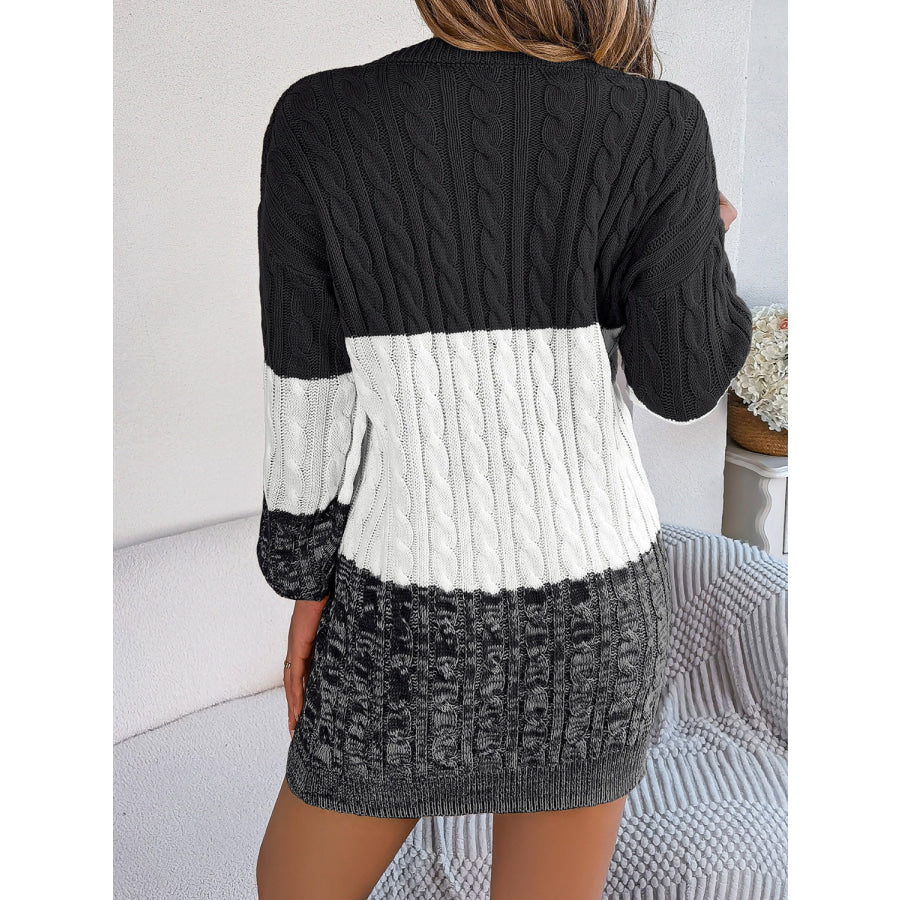 Cable-Knit Round Neck Color Block Sweater Dress Apparel and Accessories