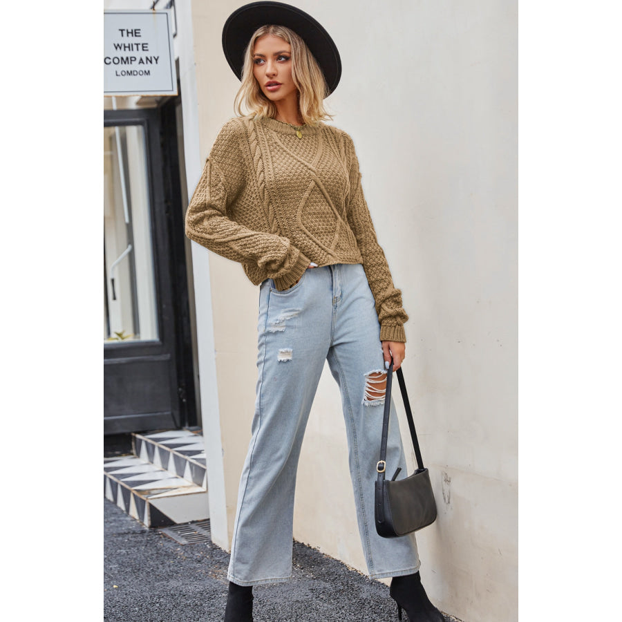 Cable-Knit Round Neck Dropped Shoulder Sweater