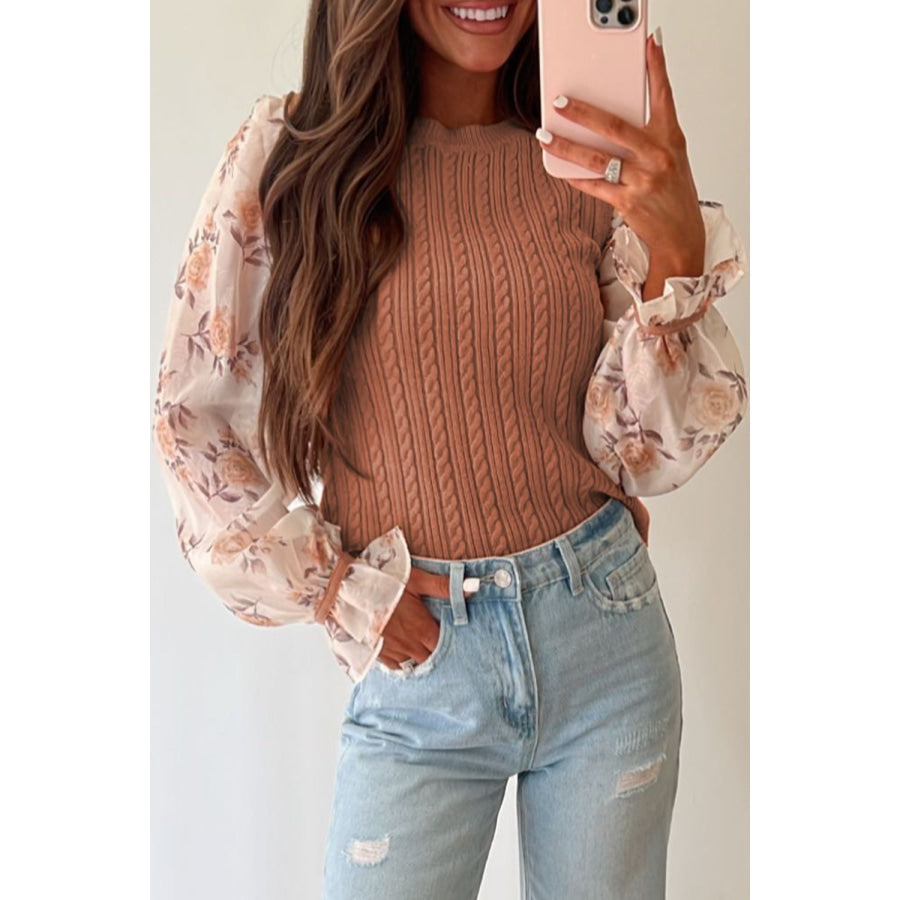 Cable Knit Round Neck Flounce Sleeve Sweater Camel / S Apparel and Accessories