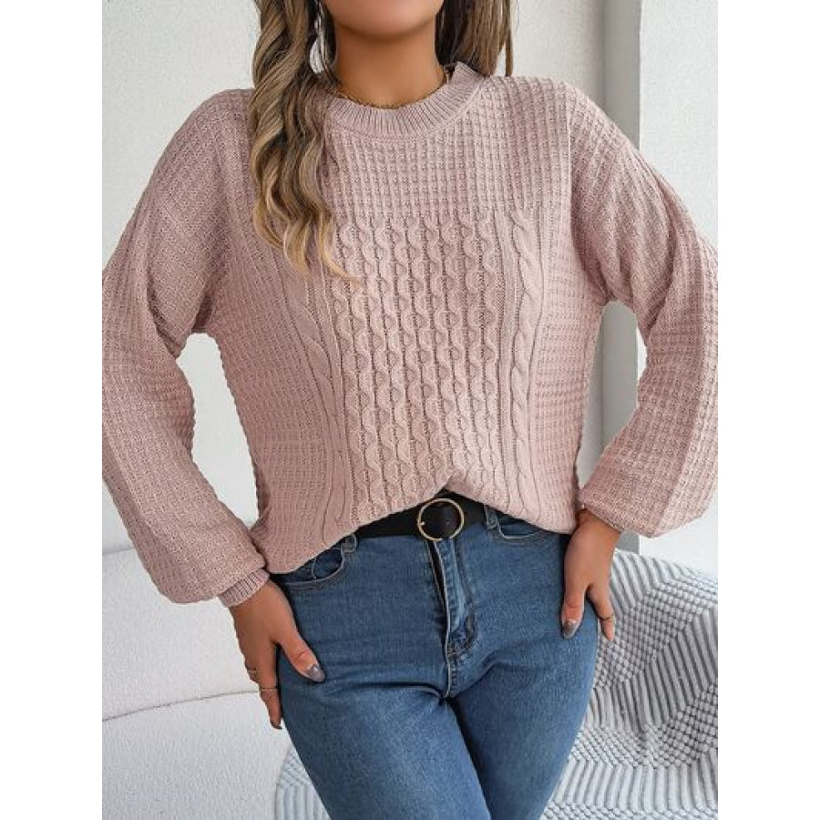 Cable-Knit Round Neck Long Sleeve Sweater Clothing