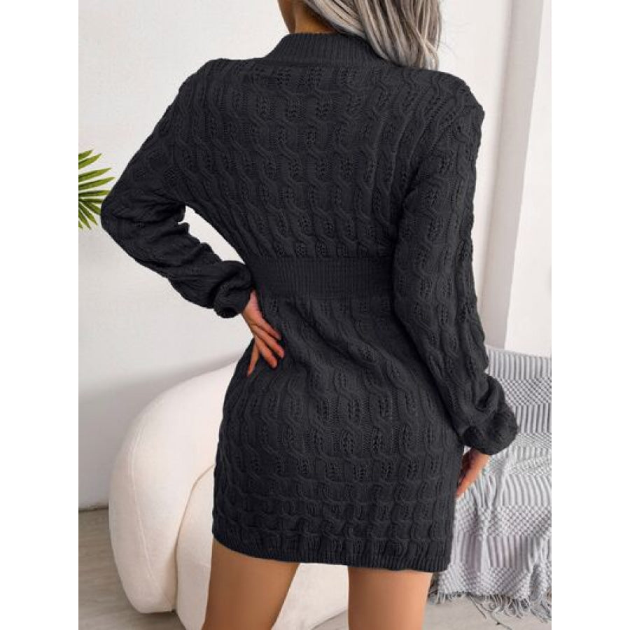 Cable-Knit Round Neck Mini Wrap Sweater Dress Clothing