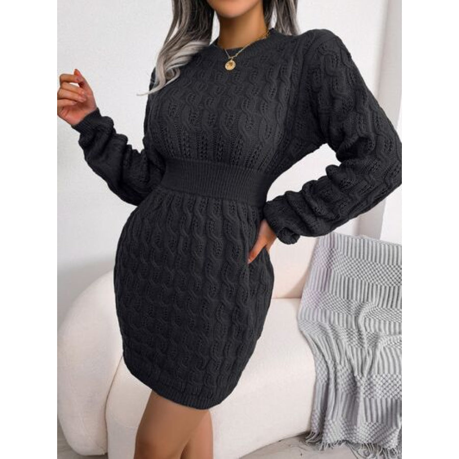 Cable-Knit Round Neck Mini Wrap Sweater Dress Black / S Clothing
