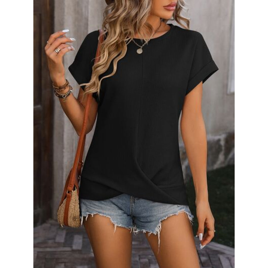 Cable-Knit Round Neck Short Sleeve T-Shirt Apparel and Accessories