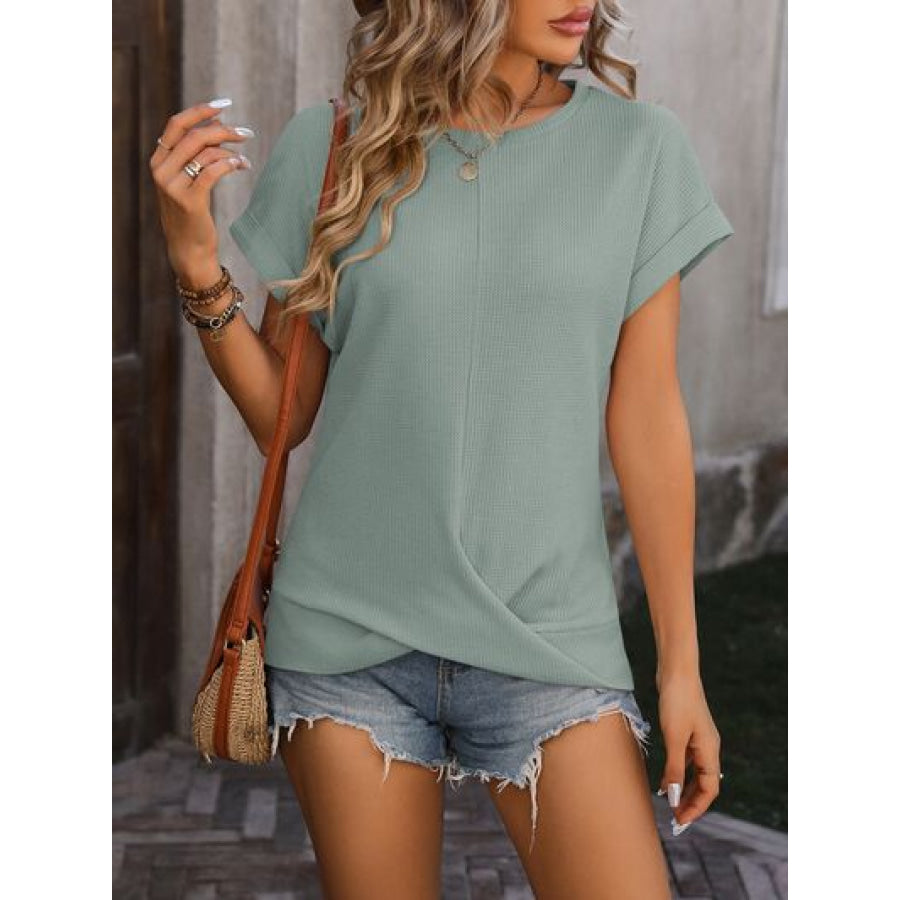 Cable-Knit Round Neck Short Sleeve T-Shirt Apparel and Accessories