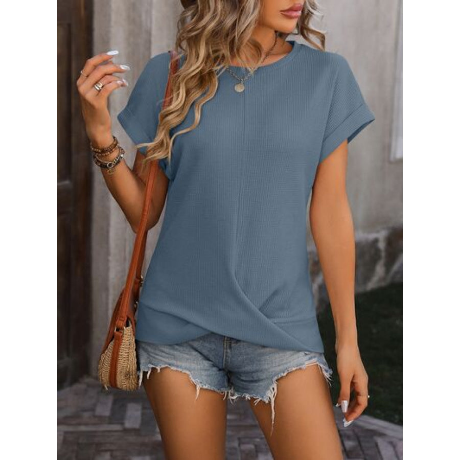 Cable-Knit Round Neck Short Sleeve T-Shirt French Blue / S Apparel and Accessories