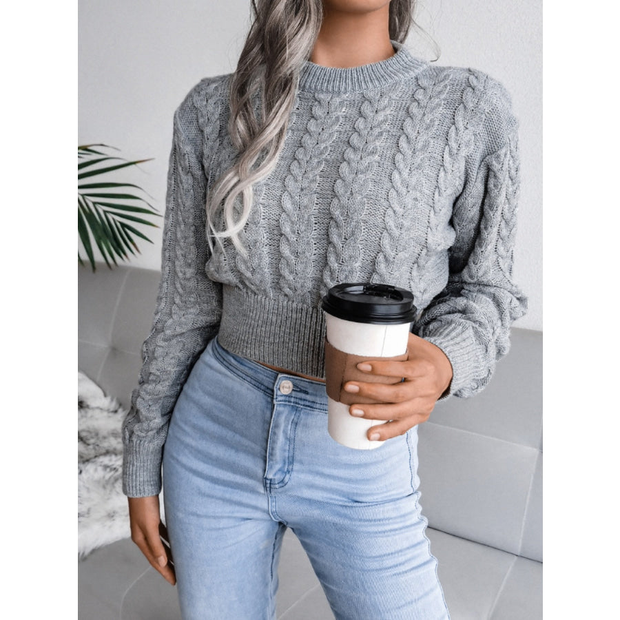 Cable-Knit Round Neck Sweater Charcoal / S Apparel and Accessories