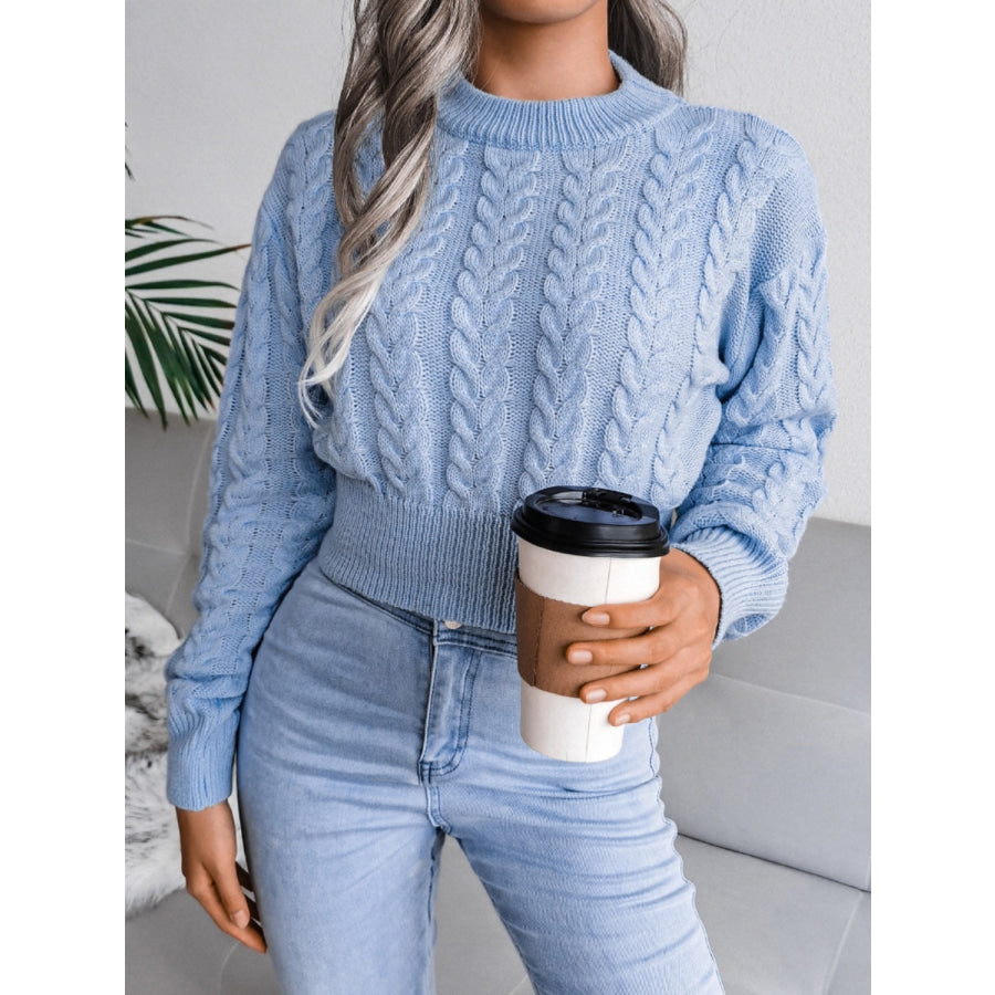 Cable-Knit Round Neck Sweater Misty Blue / S Apparel and Accessories