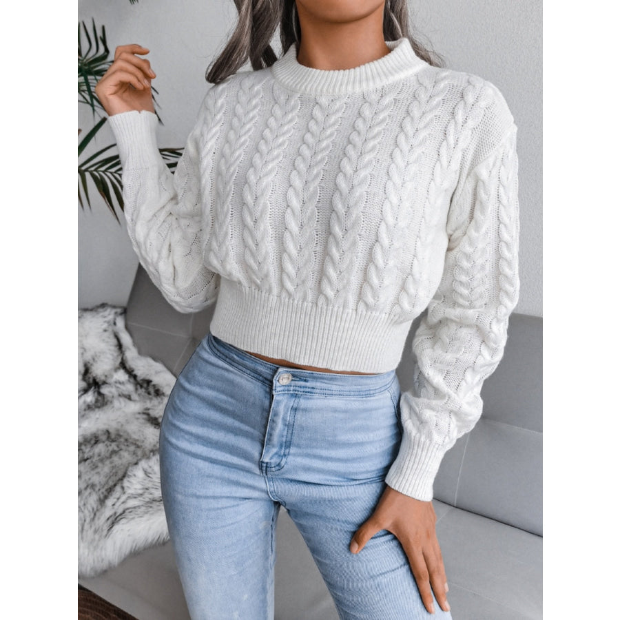 Cable-Knit Round Neck Sweater White / S Apparel and Accessories