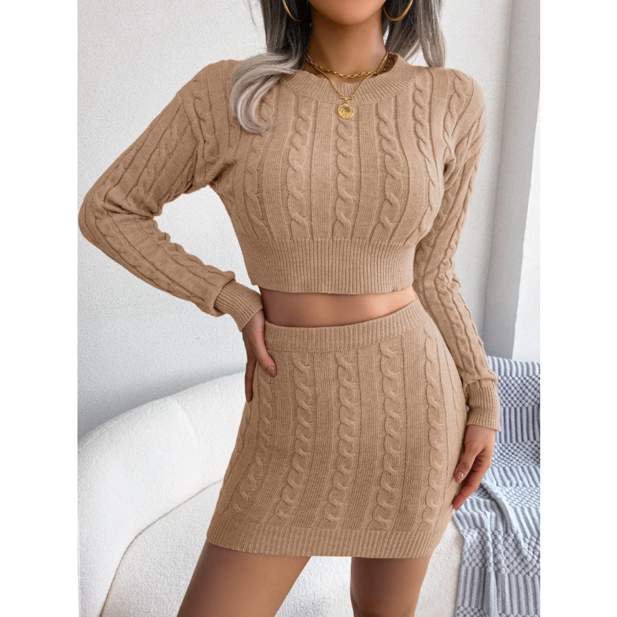Cable-Knit Round Neck Top and Skirt Sweater Set Apparel and Accessories