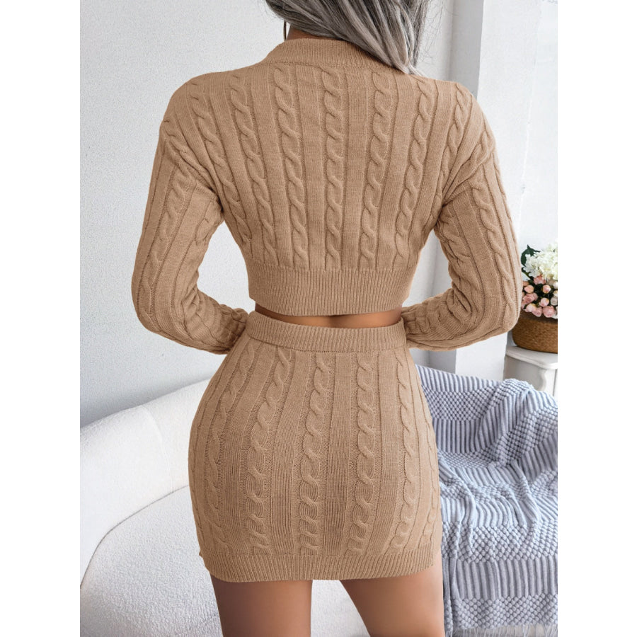 Cable-Knit Round Neck Top and Skirt Sweater Set Apparel and Accessories