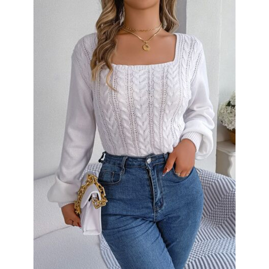 Cable-Knit Square Neck Long Sleeve Sweater White / S Clothing