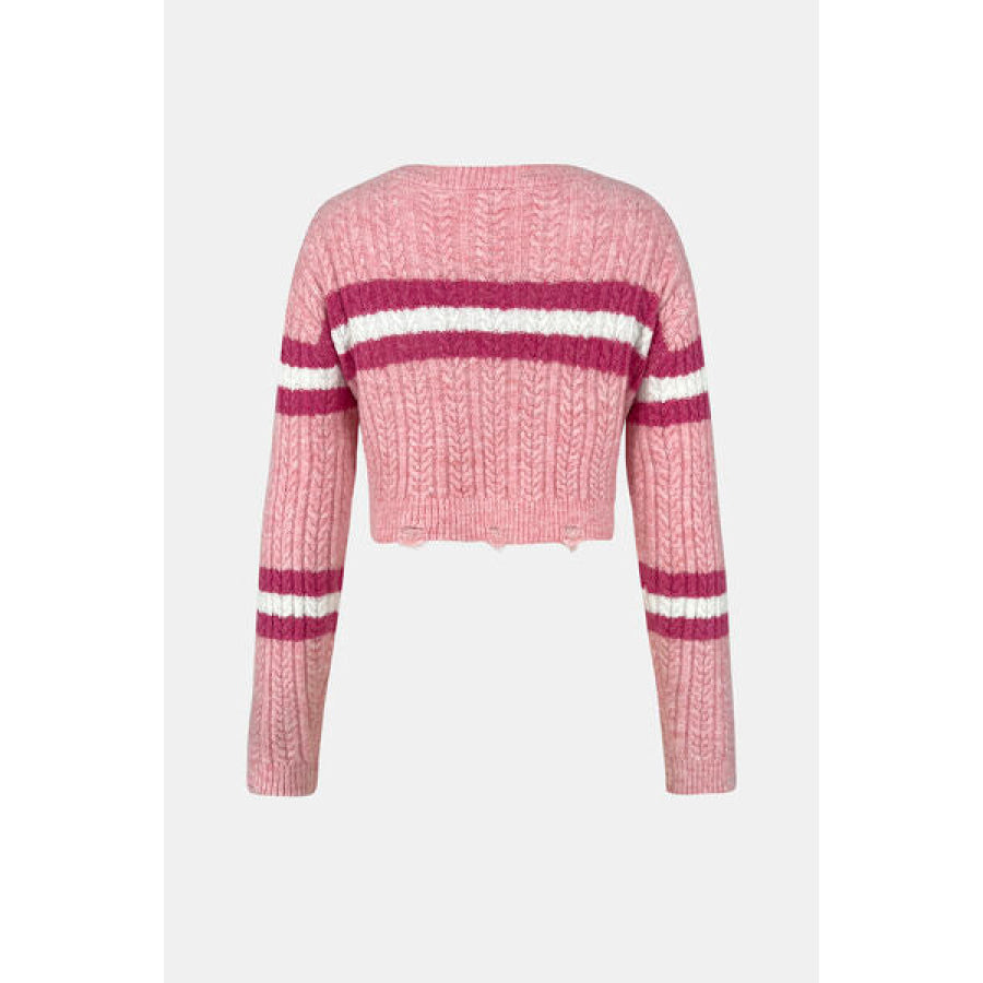 Cable-Knit Striped Dropped Shoulder Sweater Dusty Pink / S Apparel and Accessories