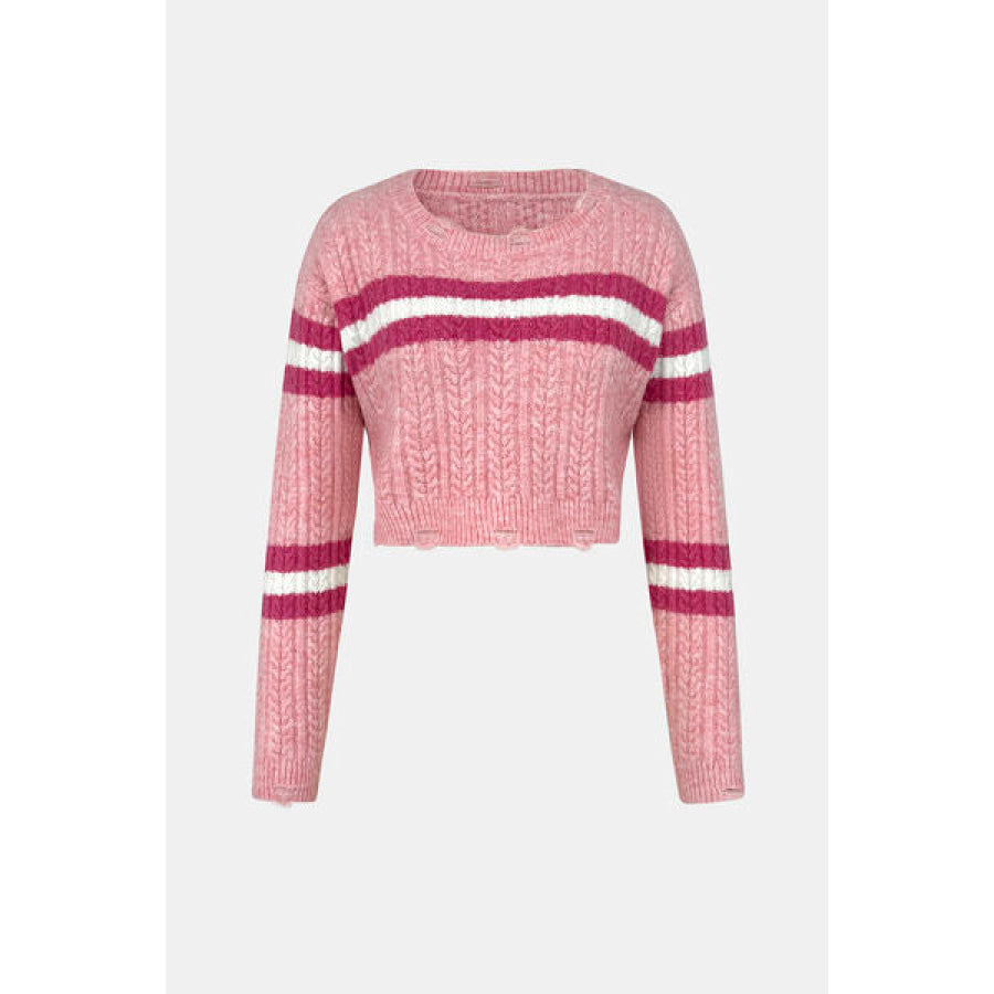 Cable-Knit Striped Dropped Shoulder Sweater Dusty Pink / S Apparel and Accessories