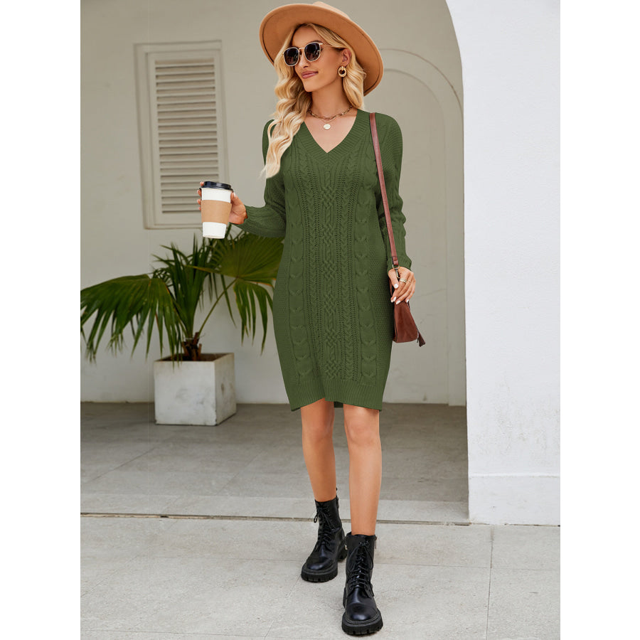 Cable-Knit V-Neck Mini Sweater Dress