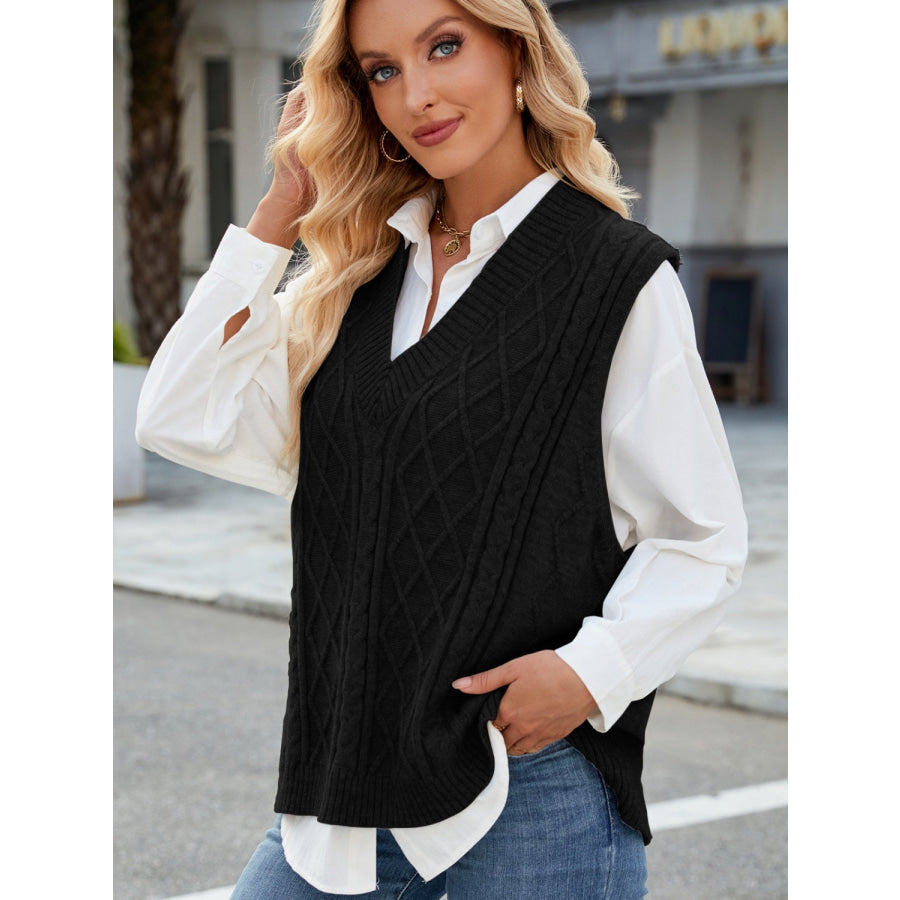 Cable Knit V-Neck Sweater Vest Black / S Apparel and Accessories