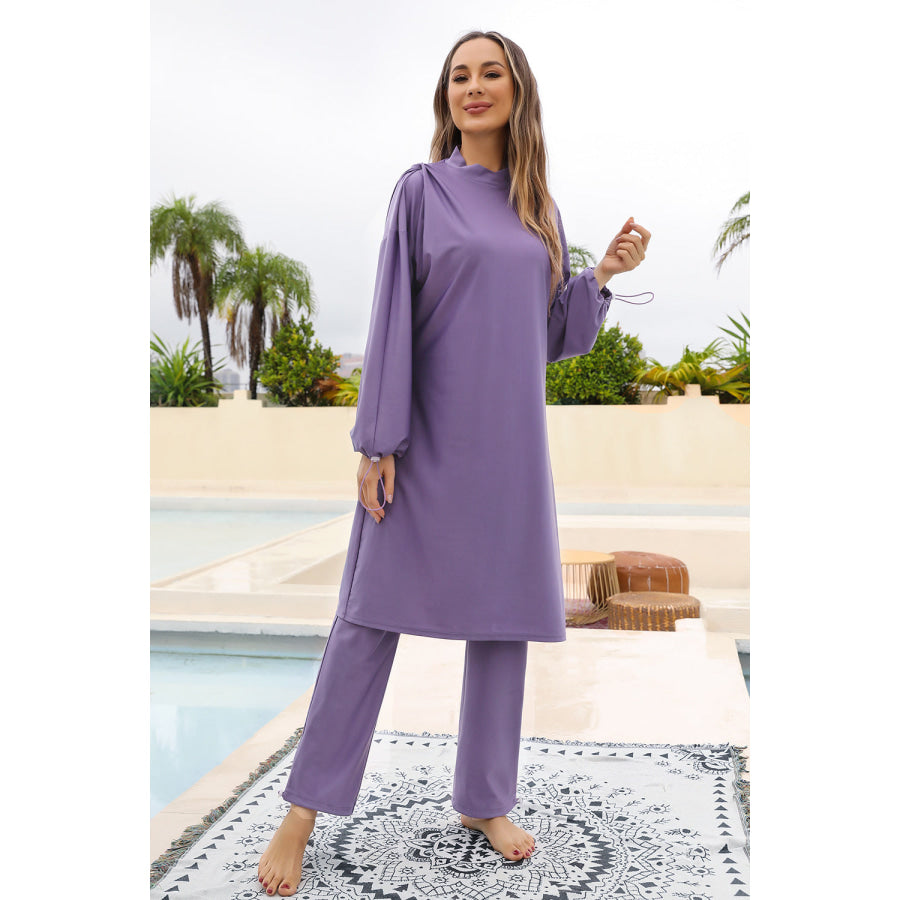 Cap Drawstring Mock Neck Long Sleeve Top and Pants Swim Set Lavender / S Apparel and Accessories