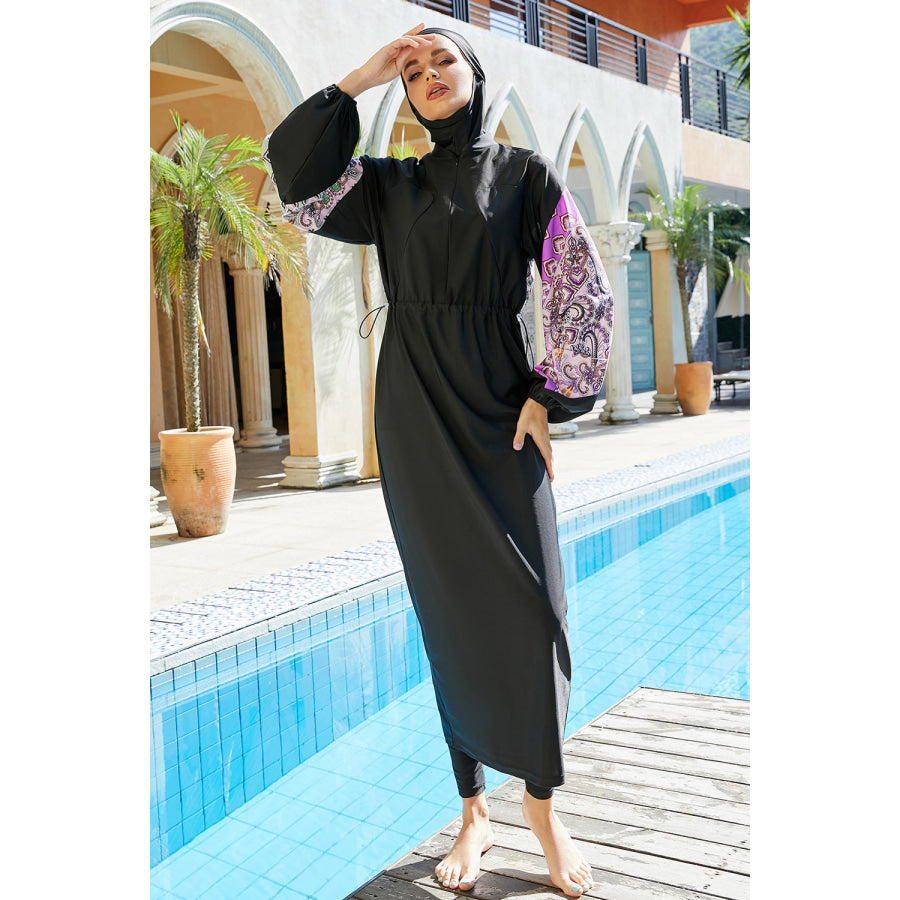 Cap Drawstring Printed Long Sleeve Dress and Pants Swim Set Black / S Apparel and Accessories